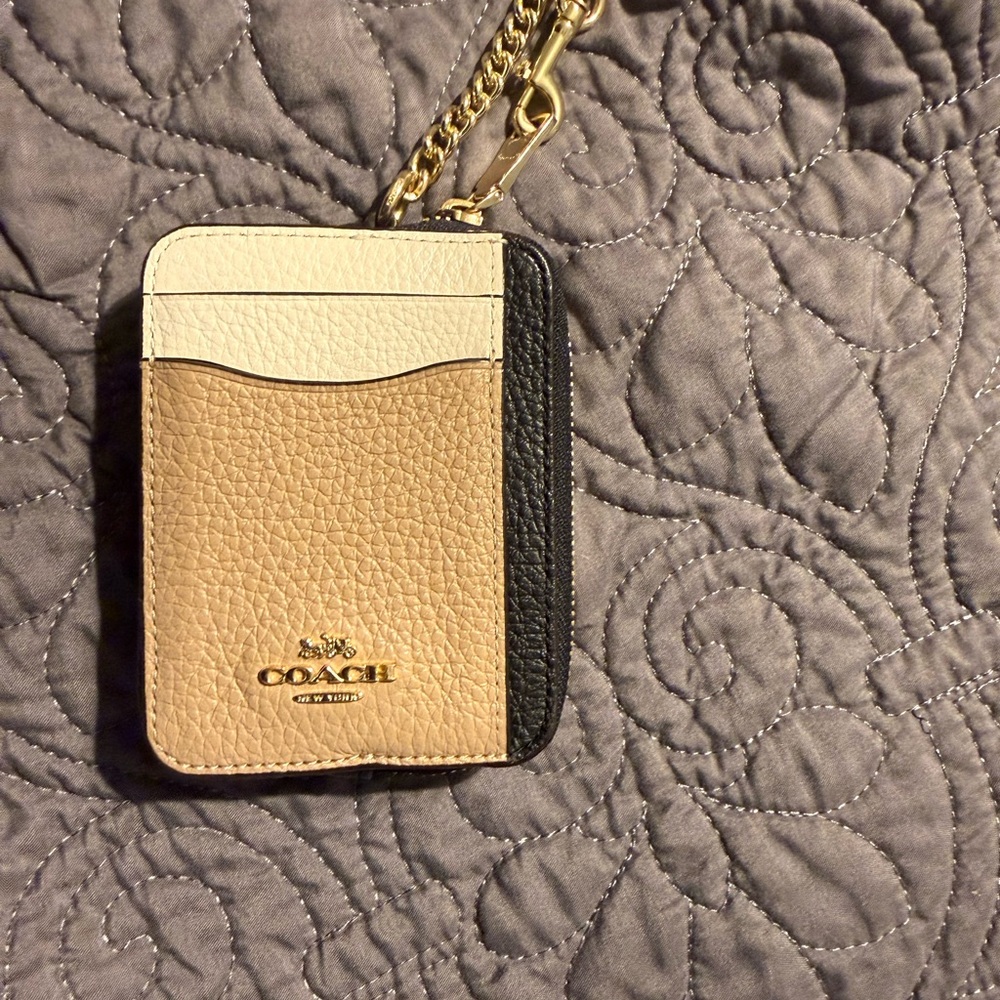 Coach Cream and Black Card Holder with Gold Chain
